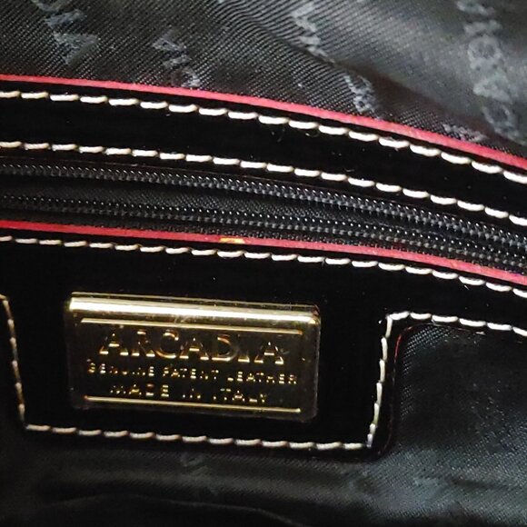 Arcadia Italy Handbag Satchel Black Patent Leather Embossed Design Gold Hardware - Picture 3 of 16